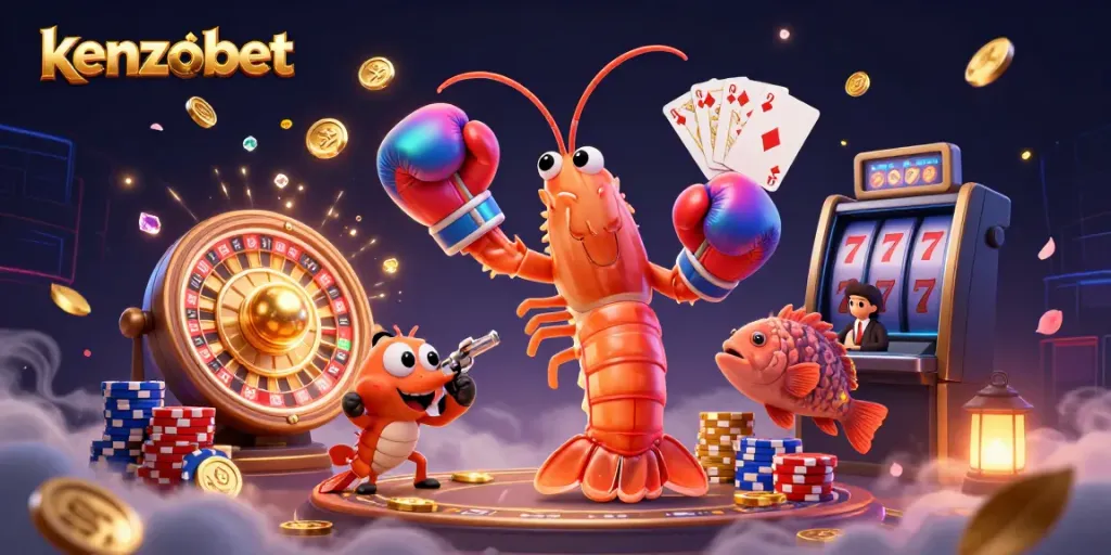 Experience excitement with kenzobet as a vibrant 3D scene unfolds with playful sea creatures and dynamic casino elements.