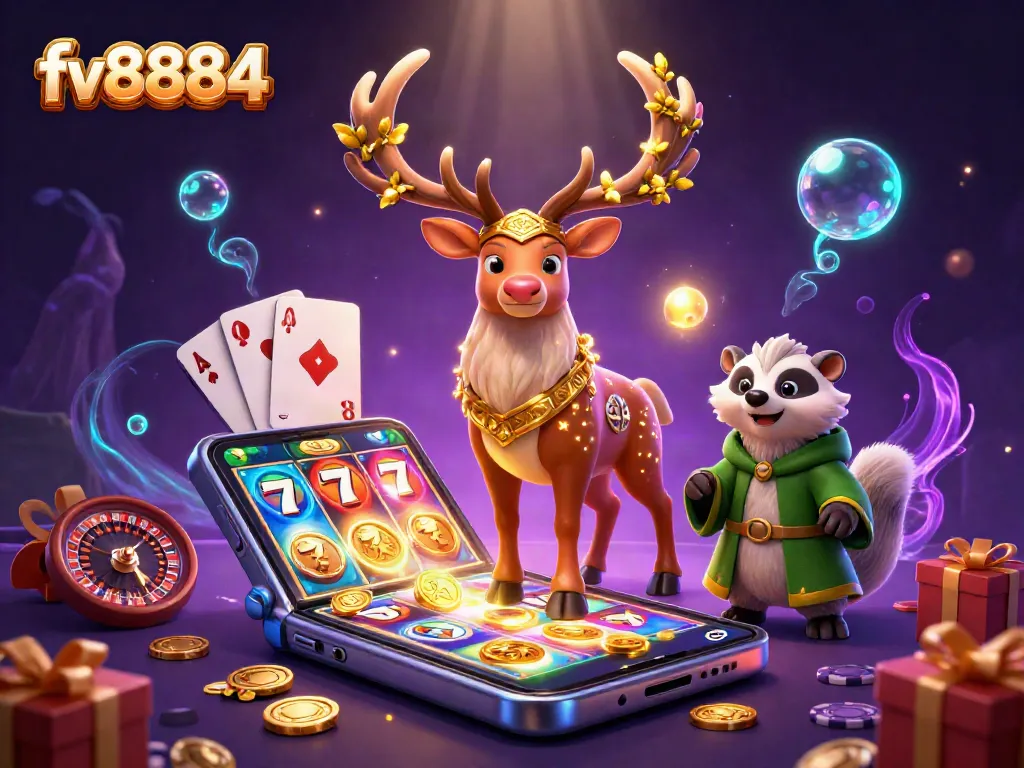 Win big with fv8884 at a vibrant 3D casino scene featuring magical game elements.