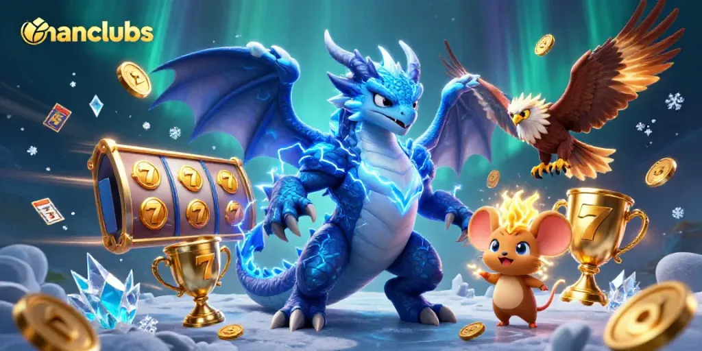 Experience thrilling manclubs action with dynamic dragon and hawk amidst casino symbols.