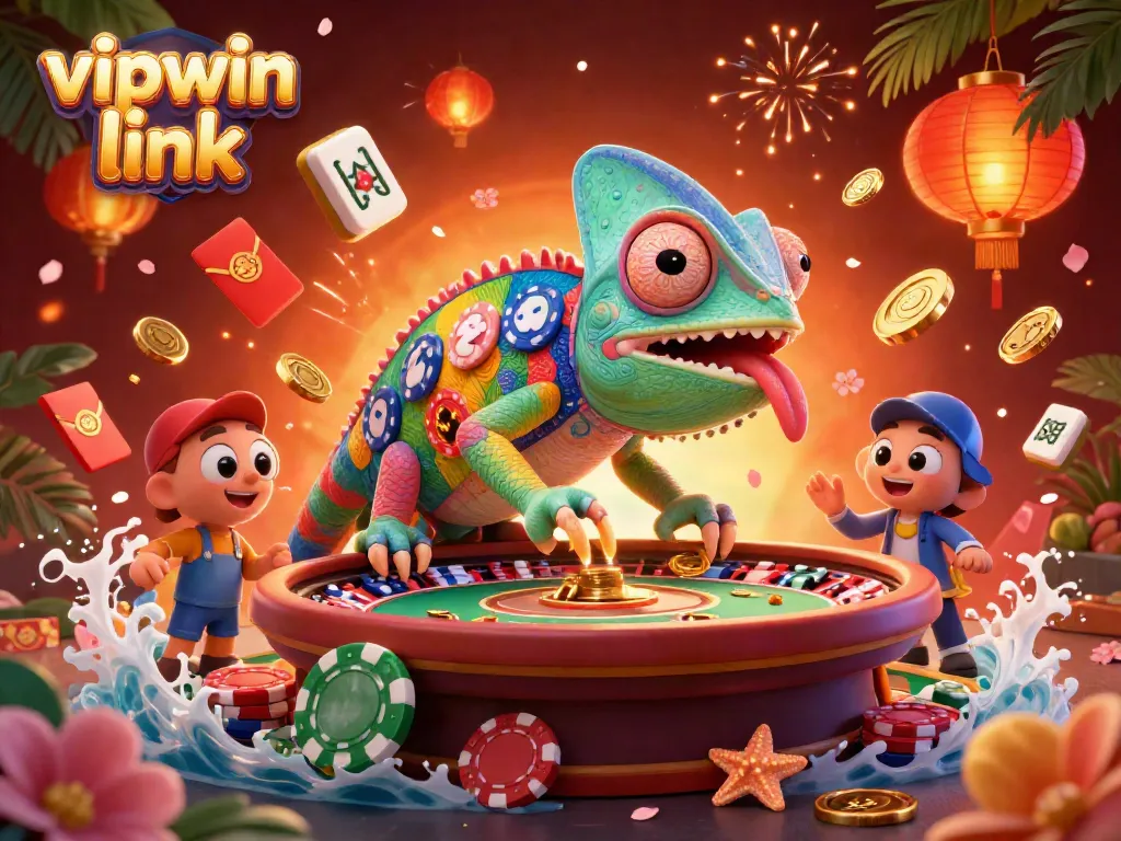 Engage with the thrilling vipwin link experience in a vibrant casino with colorful characters and dynamic gambling elements.