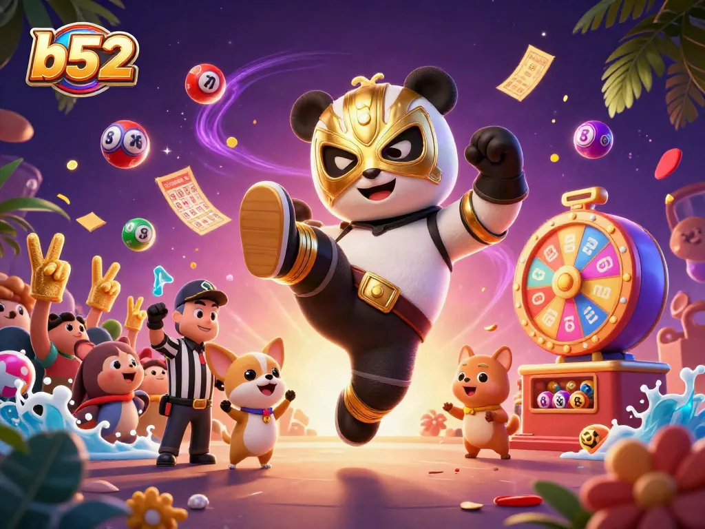 Engage in thrilling b52 gaming action with a dynamic scene featuring a panda wrestler, chihuahua referee, and animal fans!