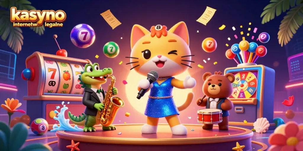 Experience the excitement at kasyno internetowe legalne as colorful lottery balls bounce amid lively characters and casino elements.