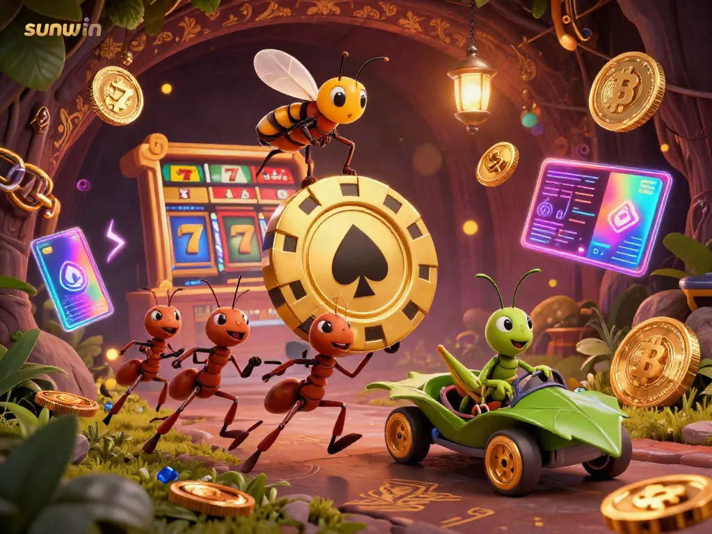 Engage in thrilling gameplay with sunwin as a team of ants steals a massive poker chip, surrounded by vibrant casino elements.