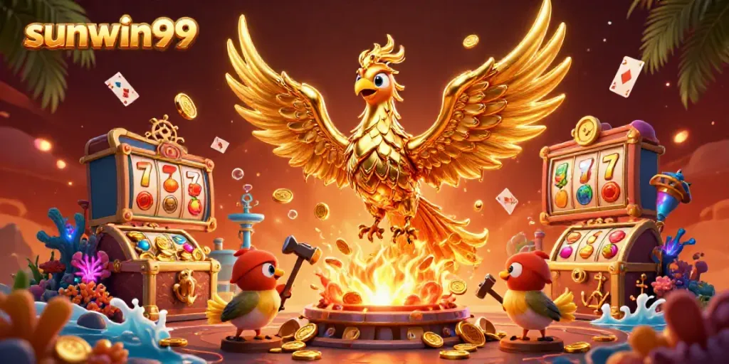 Experience the sunwin99 casino adventure featuring a molten golden phoenix amidst vibrant casino elements.