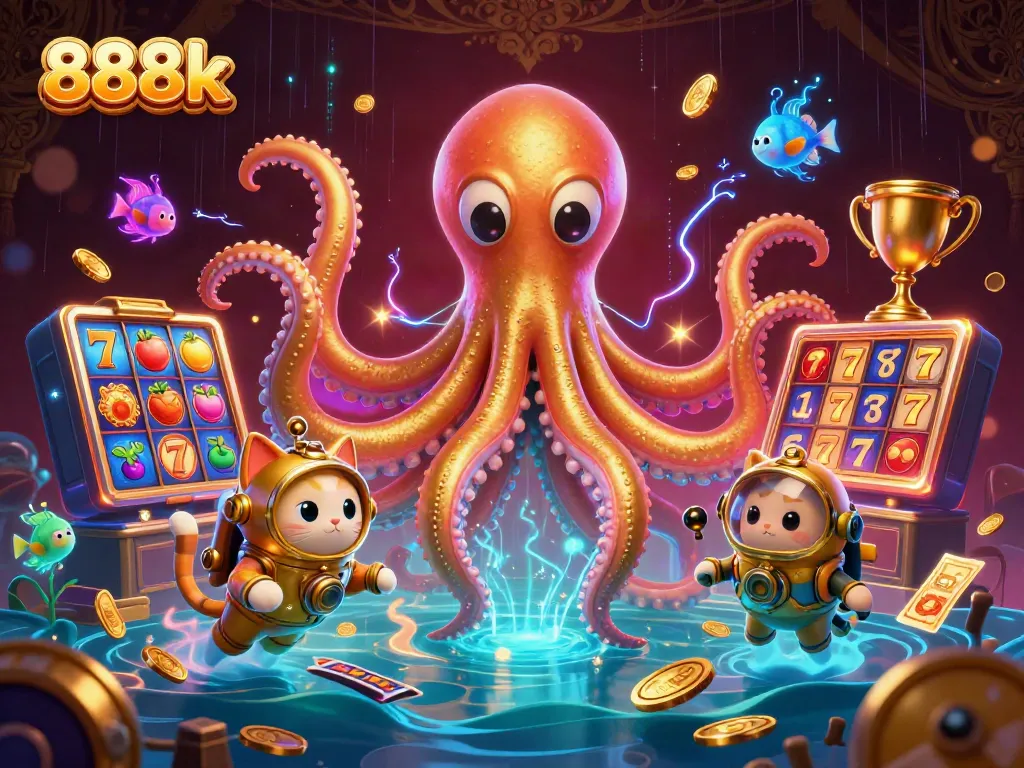 Spin the reels at 888k with a kraken and diving cat amidst dazzling jackpot symbols.