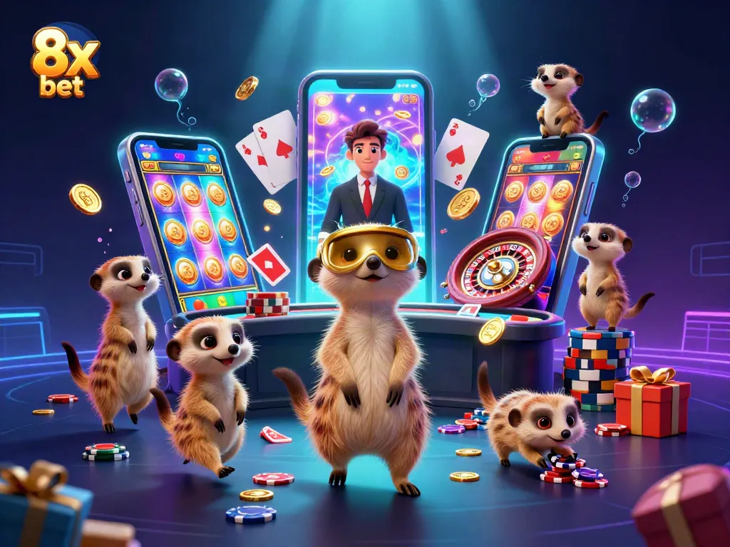 Experience thrilling 8x bet action as meerkats engage in a vibrant casino environment.