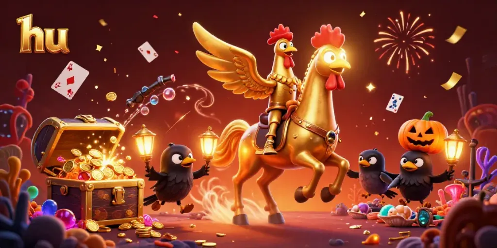 Engage in thrilling casino adventures with hu as golden rooster and spectral horse companions.