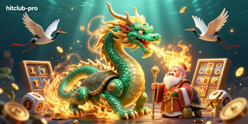 Engage in exhilarating gameplay with hitclub-pro, showcasing a dynamic dragon and turtle in a casino setting.