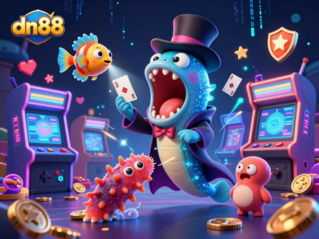 Enjoy exciting card tricks by dn88 characters with an anglerfish spotlight and a creative sea cucumber act.
