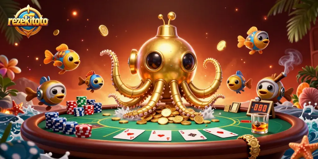 Play and win with rezekitoto as the golden kraken submarine surfaces among poker chips and cards.