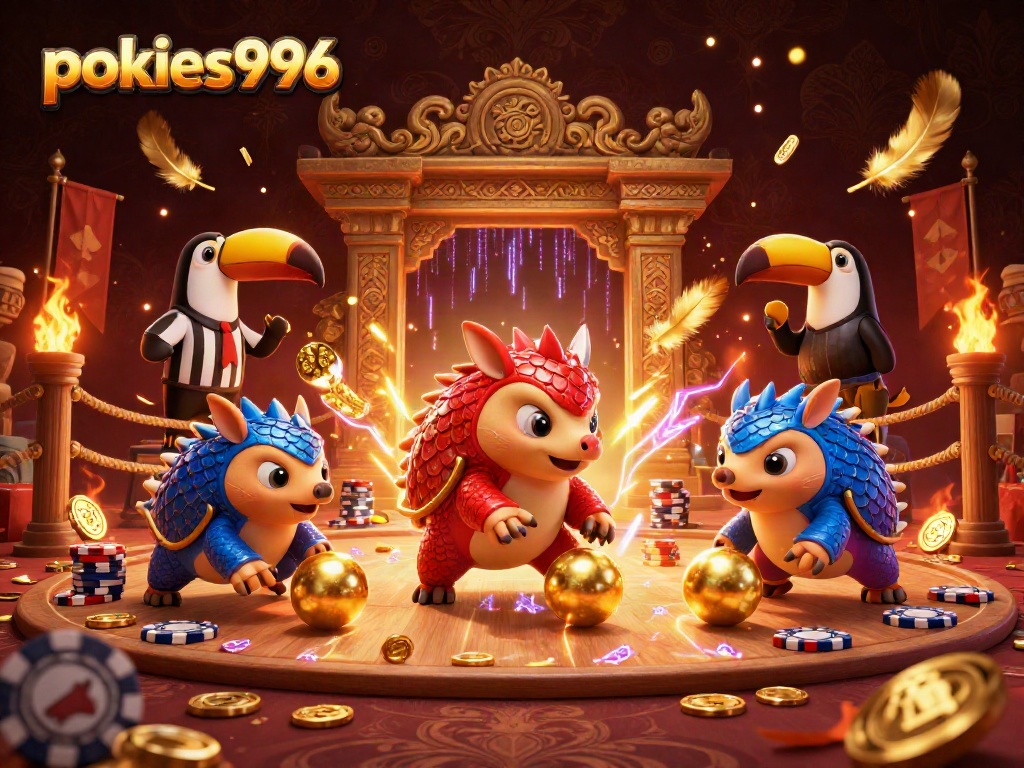 Experience the excitement of pokies996 with rival pangolins competing in a casino scene filled with poker chips and gold.