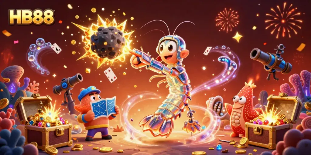 Experience the thrill of HB88 with dynamic casino-themed fantasy characters amidst colorful gems and coins