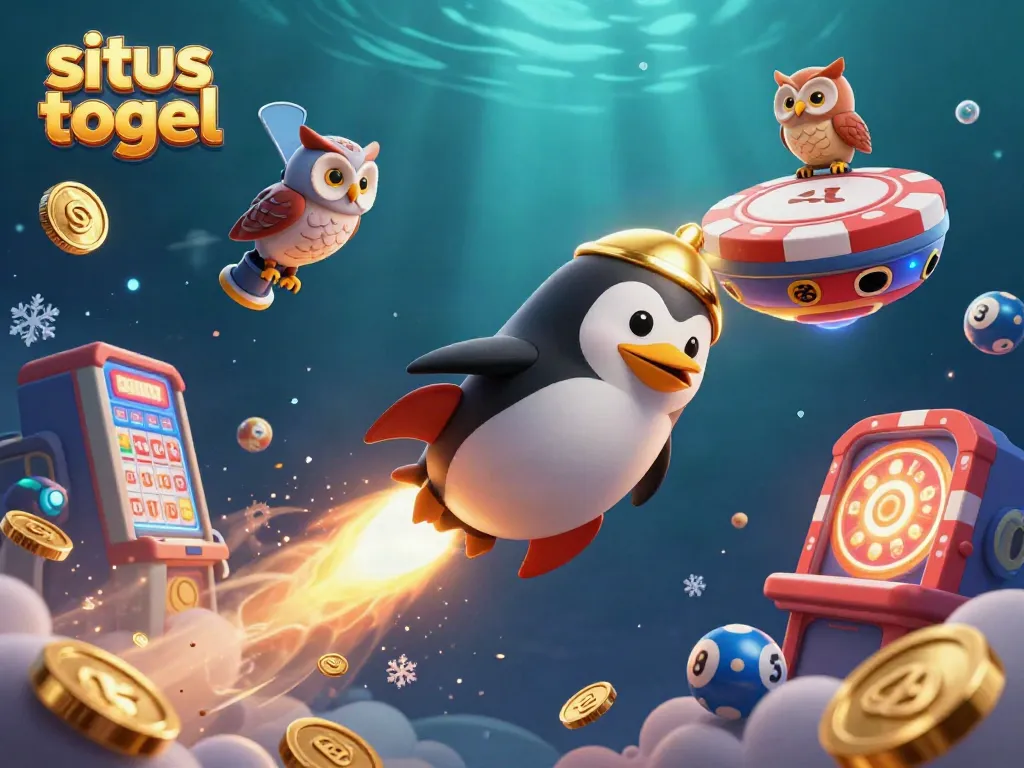 Experience situs togel with a vibrant 3D illustration of gambling elements and a golden penguin.