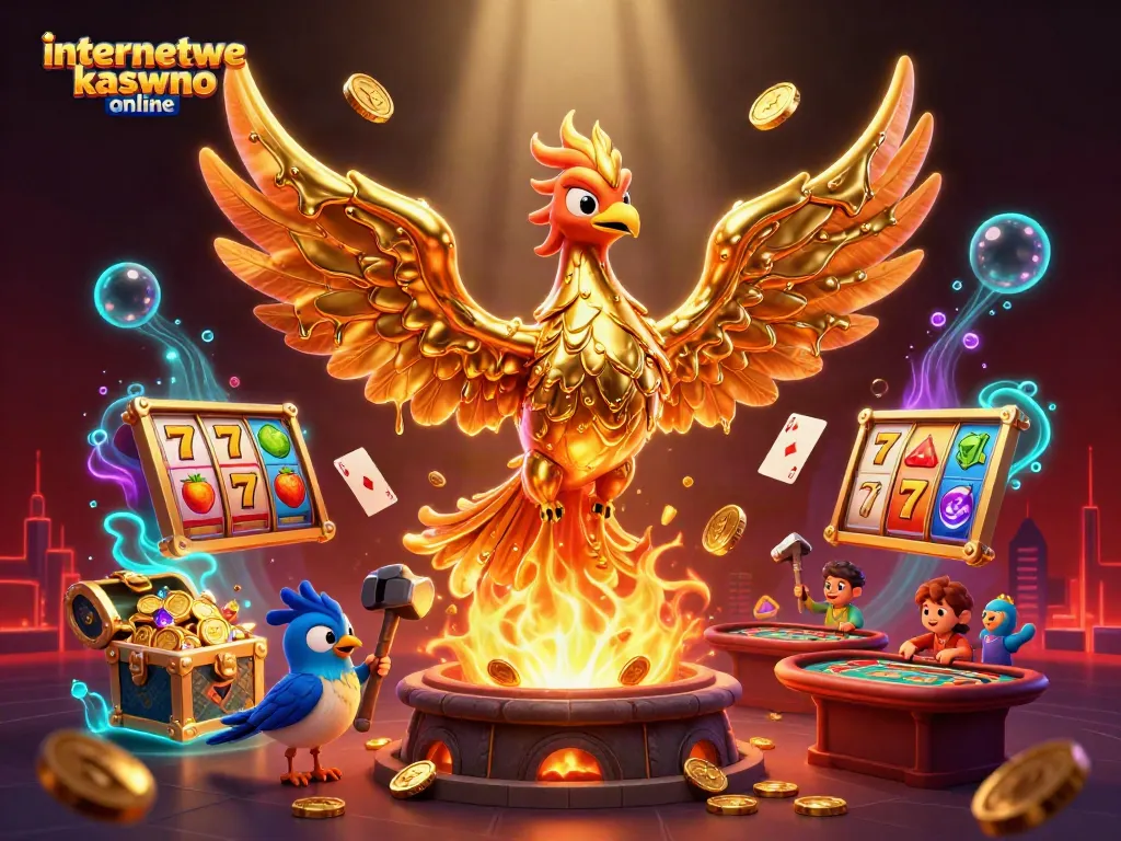 Experience the excitement of internetowe kasyno online with vibrant 3D illustration highlighting casino games and a golden phoenix.