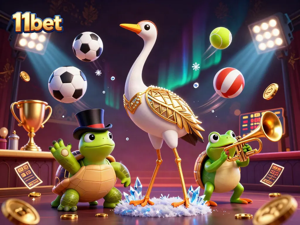 Win big with 11bet in this vibrant casino scene featuring lively characters and gaming elements.