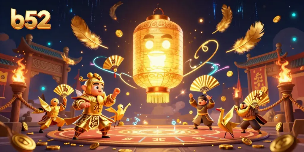 Engage with the vibrant b52 casino scene showcasing a glowing lantern spirit, paper warriors, and dynamic game elements.
