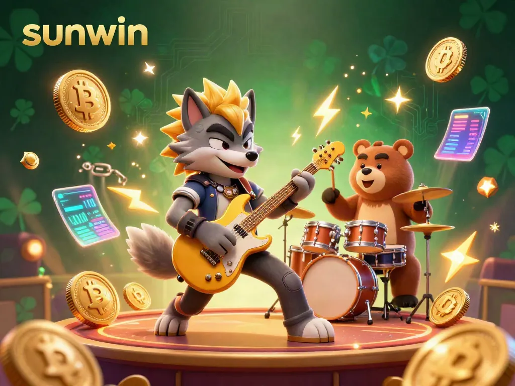 Experience the excitement of sunwin as a rock star wolf plays guitar on a vibrant casino stage, surrounded by crypto coins.