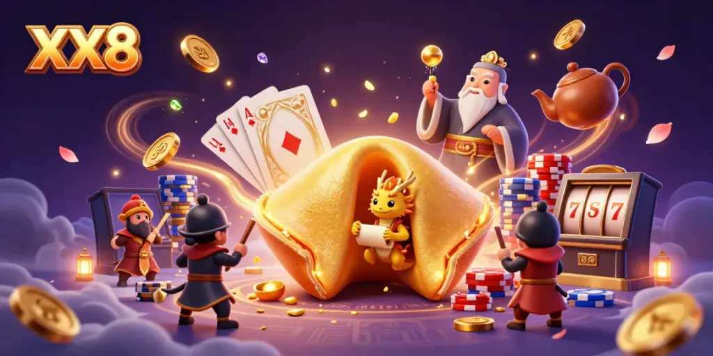 Experience the thrill of XX8 with a vibrant casino adventure featuring golden coins, fortune cookies, and more.