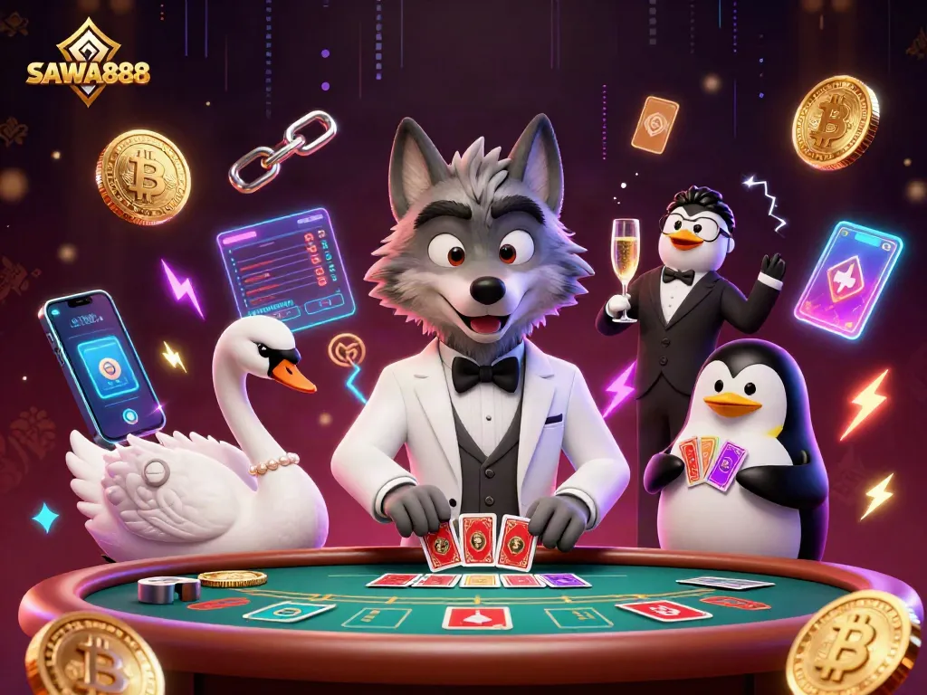 Experience thrilling baccarat action with SAWA888's lively wolf, swan dealer, and penguin sommelier in a dynamic 3D scene.