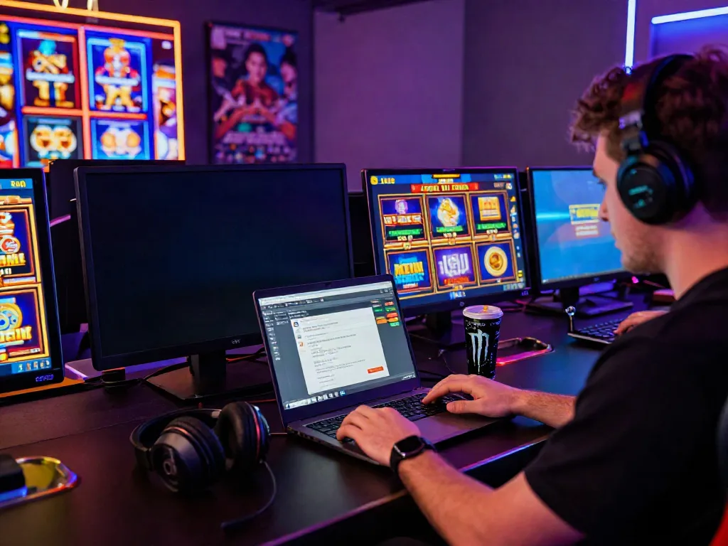 Online gaming with slot gacor hari ini on laptop, vibrant digital atmosphere.