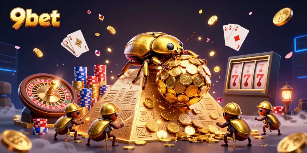 Experience thrilling wins with 9bet's lively casino scene full of golden coins and vibrant gaming elements.