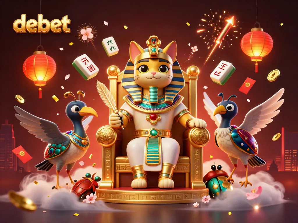 Experience the vibrant debet platform with the Egyptian pharaoh cat in a dynamic casino scene.