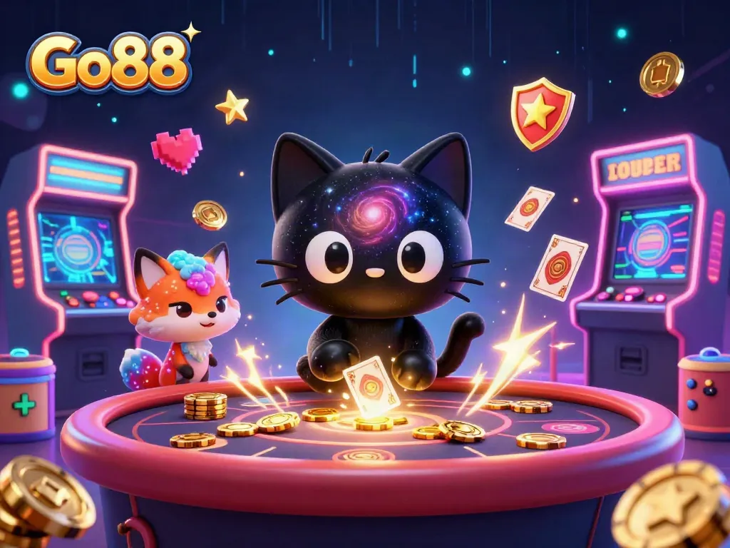 Engage with Go88's cosmic casino adventure featuring a black hole cat and vibrant galactic elements.