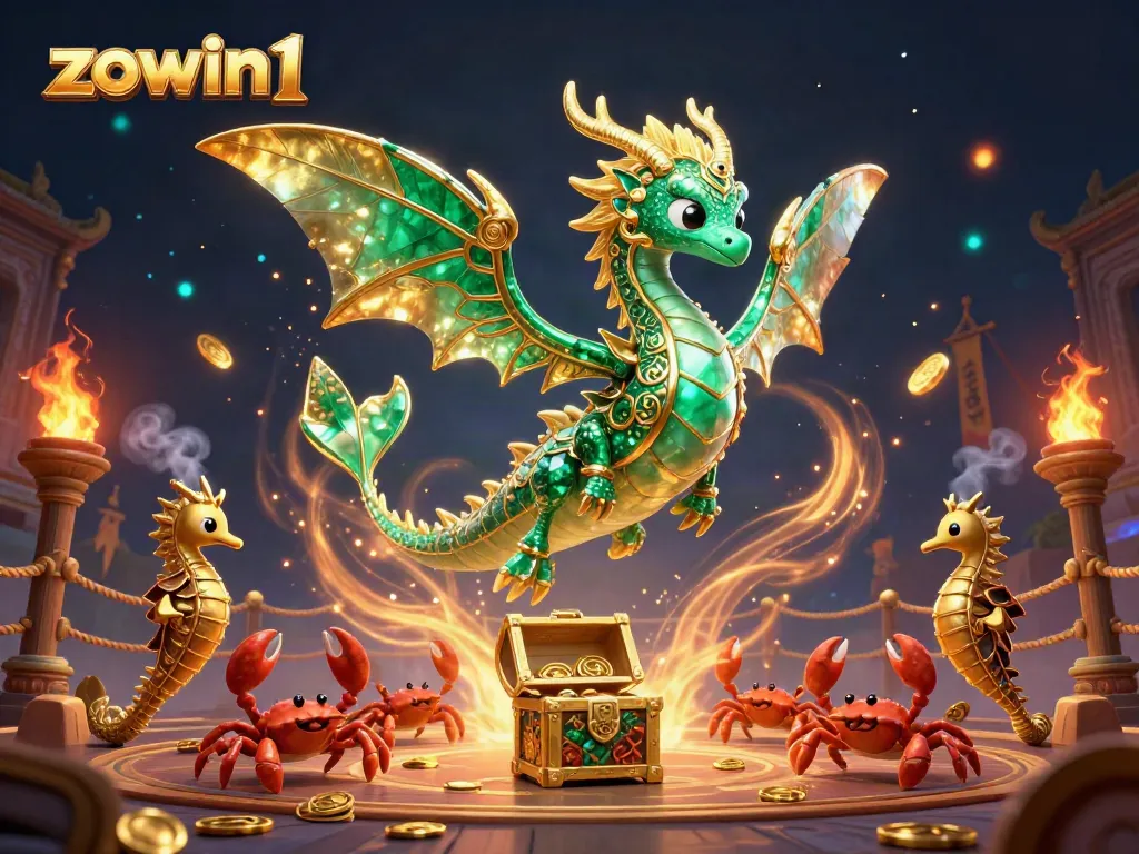 Engage with the mystical world of zowin1 featuring a majestic dragon guarding treasure amidst a vibrant casino scene.