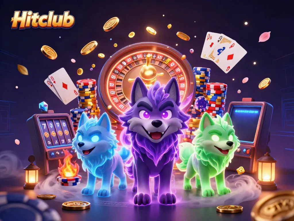 Experience thrilling wins at Hitclub with glowing wolf characters and casino elements