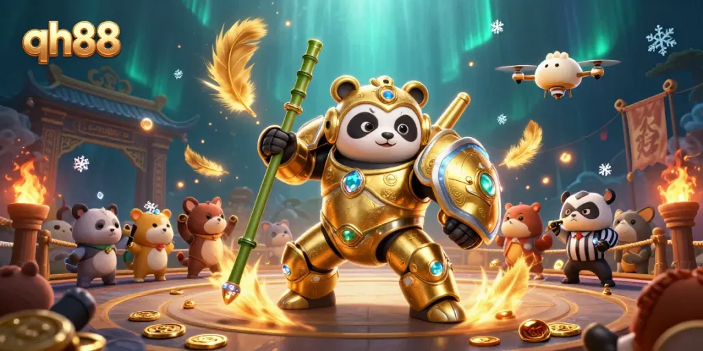 Engaging gameplay at qh88 with a golden panda in a mech-suit battling in a vibrant casino arena.