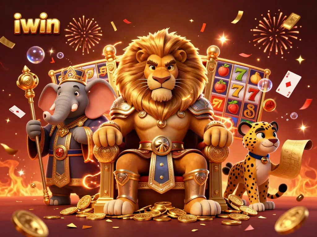 Win big with iwin: A vibrant 3D illustration of a lion king, elephant advisor, and cheetah in a casino setting.