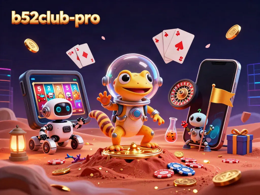 Engage with thrilling gameplay at b52club-pro, featuring a Martian gecko amidst a vibrant casino.