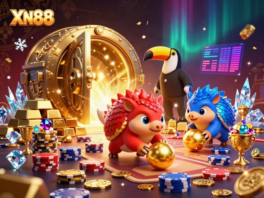 Experience the excitement of XN88 with dynamic pangolins rolling into golden balls amidst dazzling casino elements.