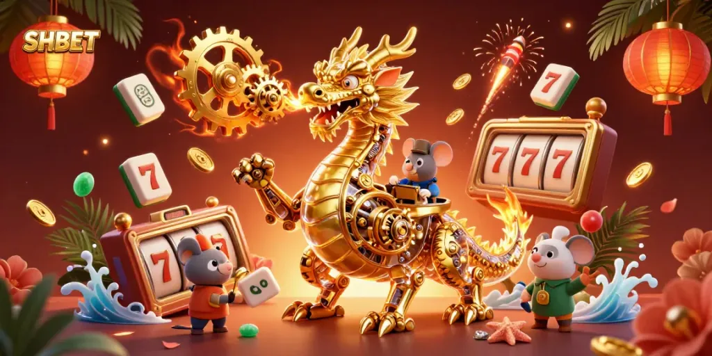 Engage with SHBET's thrilling gaming experience featuring a golden dragon surrounded by slot reels and vibrant elements.