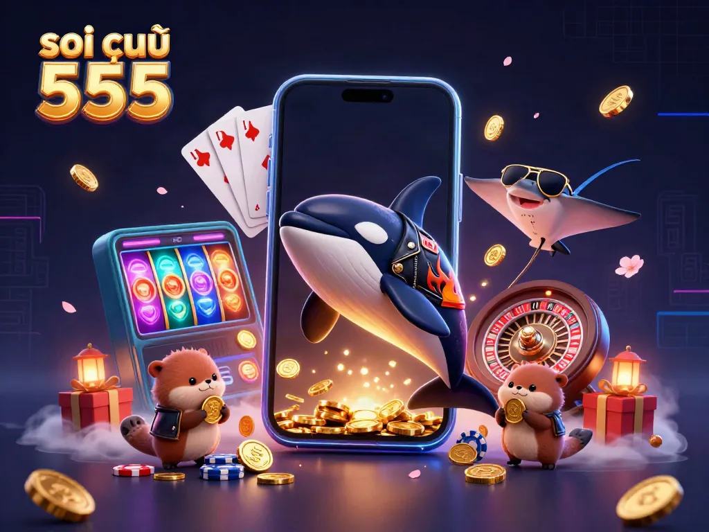 Soi cầu 555 illustration with an orca whale, stingray, and otters amid vibrant casino elements.