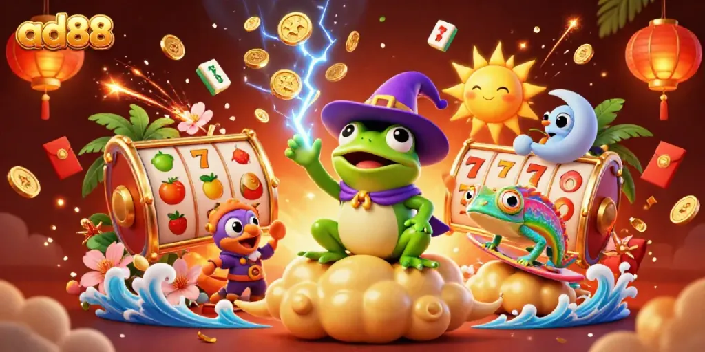 Experience the thrill of ad88 with a magical casino scene filled with golden coins and vibrant characters.