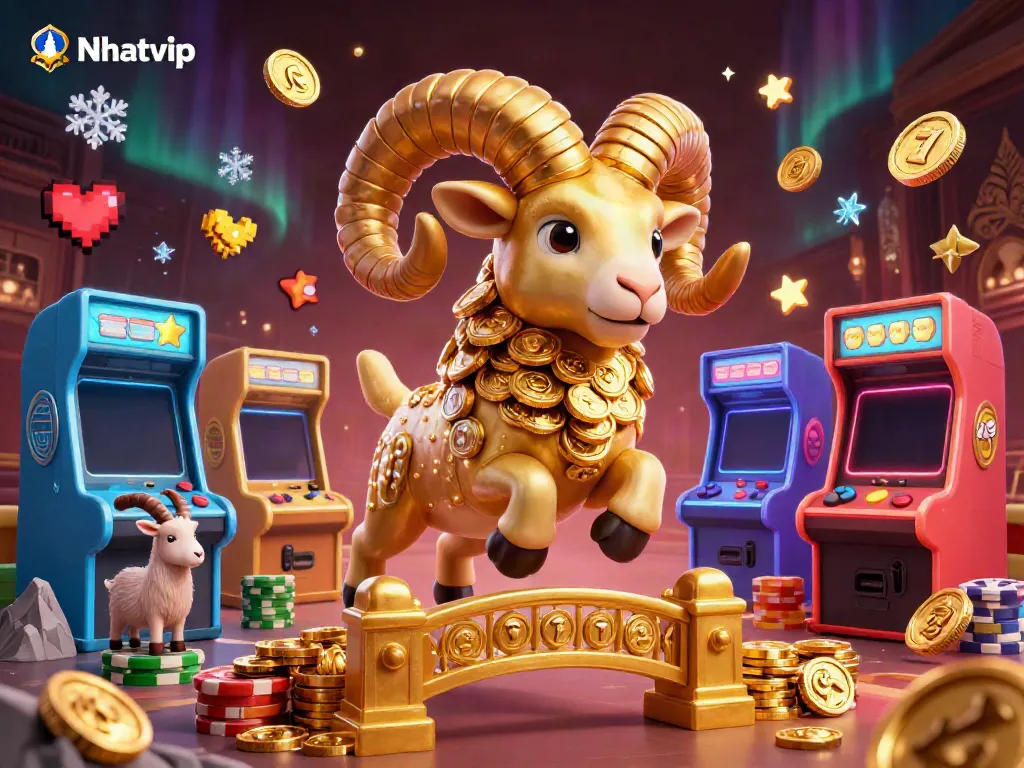Nhatvip showcases a dynamic casino illustration featuring a golden ram charging through a golden gate, symbolizing jackpot excitement.