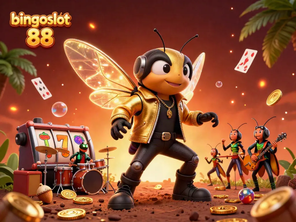 Raih kemenangan bersama bingoslot 88 dalam ilustrasi kasino yang dinamis menampilkan slot dipenuhi simbol buah dan koin emas.