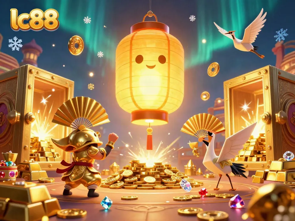 Experience magical gambling themes with lc88's vibrant casino illustration filled with gold and gems.