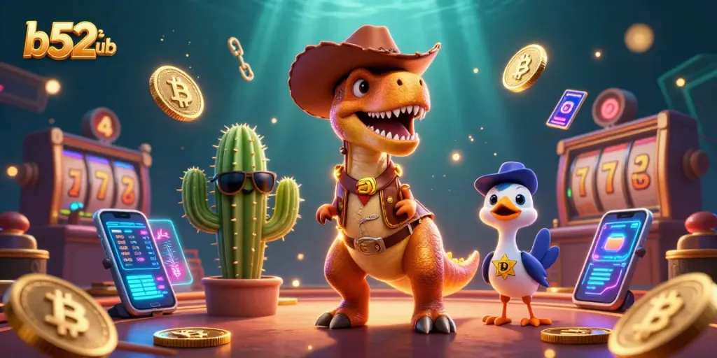 Join the excitement at b52club with a lively casino scene featuring T-Rex and friends!