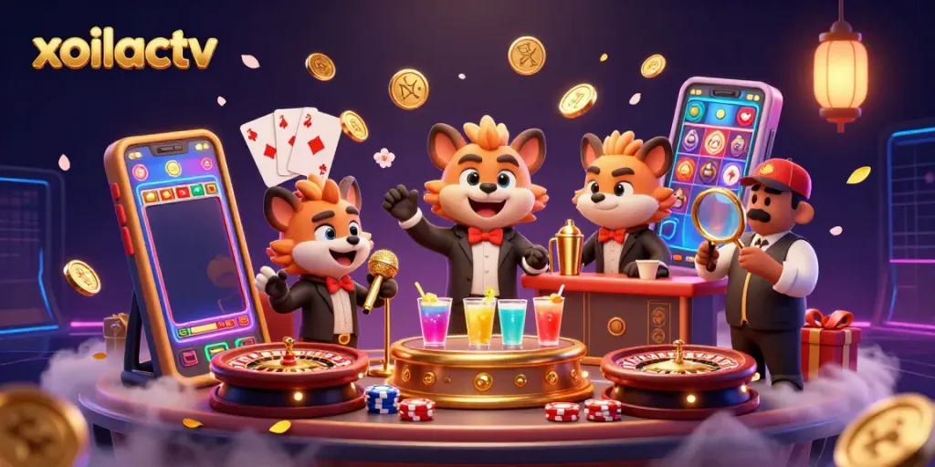 Xoilactv comedy casino scene showcases hyenas as entertainers and bartenders within a vibrant gambling atmosphere.