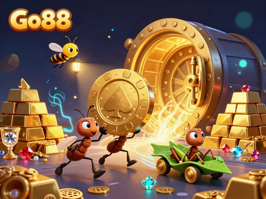 Experience the excitement of Go88 as cartoon ants steal a giant poker chip in an adventurous casino heist.