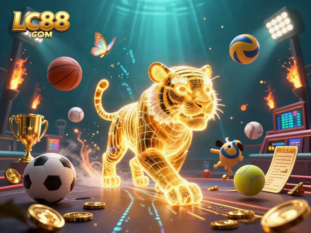 Experience the excitement of LC88 COM in a vibrant digital casino landscape with dynamic sports elements.
