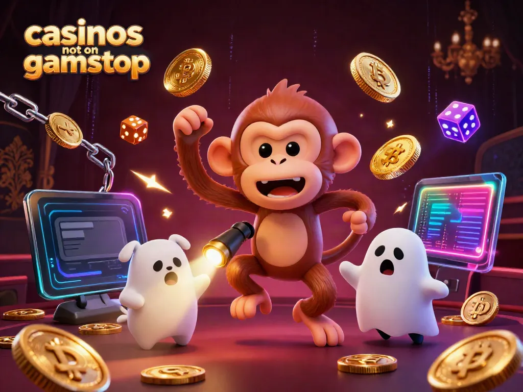 Engaging scene of casinos not on gamstop depicting a playful poltergeist monkey juggling coins and a curious puppy tracking it.