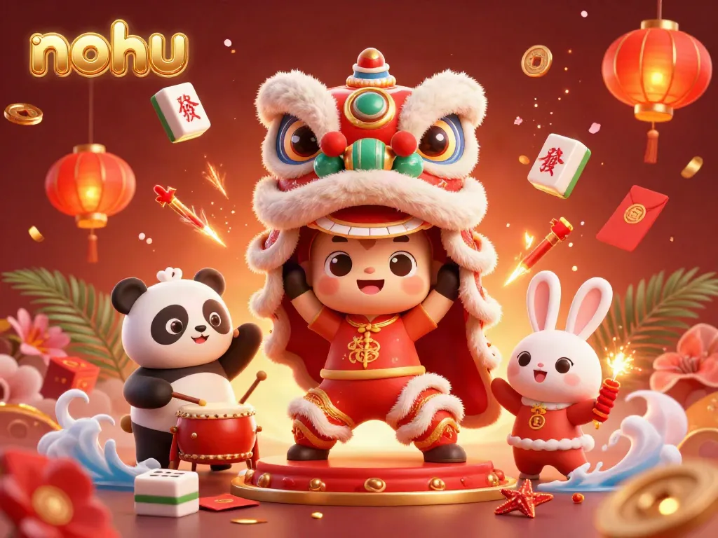 Experience an exciting nohu jackpot scene with vibrant characters, floating symbols, and rich casino elements.