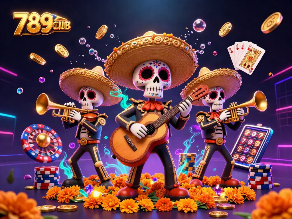 Engage with 789CLUB's vibrant casino scene featuring a Mariachi band amidst dynamic game elements.