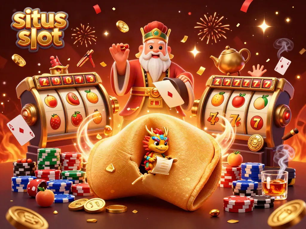 Engage in situs slot adventures with animated fortune cookie and vibrant slot machines in this dynamic scene.