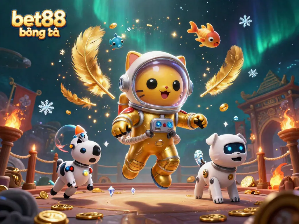 Join the excitement at bet88 bóng đá with this vibrant 3D scene of a space-themed gambling adventure.