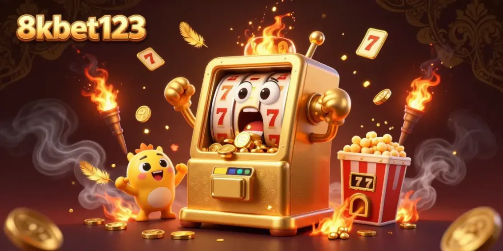 Spin the reels and win big with 8xbet123’s golden jackpot slot machine scene, full of vibrant colors.