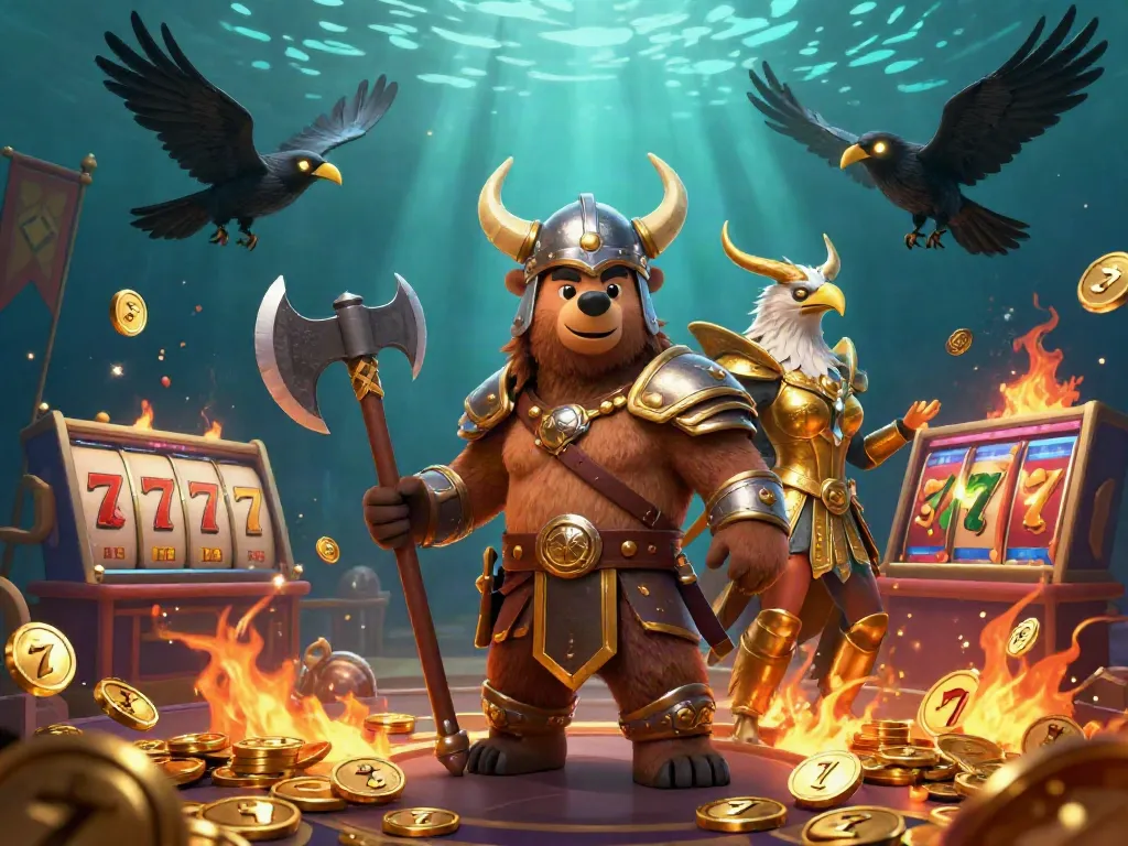 Kuwin's Viking bear and Valkyrie eagle betting in a colorful casino scene.